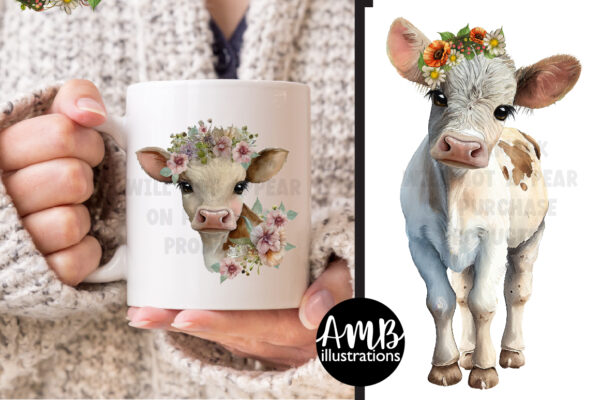 Cows and Floral Watercolors Clipart