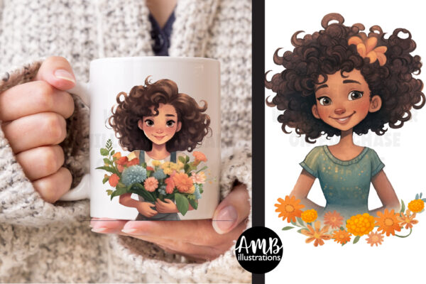 Girls with Flower Bouquets Watercolors Clipart