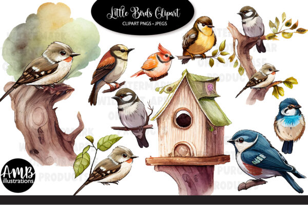 Little Song Birds Watercolors Clipart