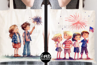 4th of July Kids Watercolors Clipart.