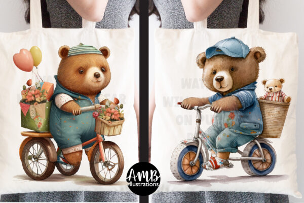 Beautiful Bears on Bikes Watercolors