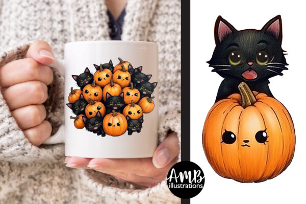 Black Cats and Pumpkins Clipart Watercolors