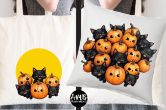 Black Cats and Pumpkins Clipart Watercolors