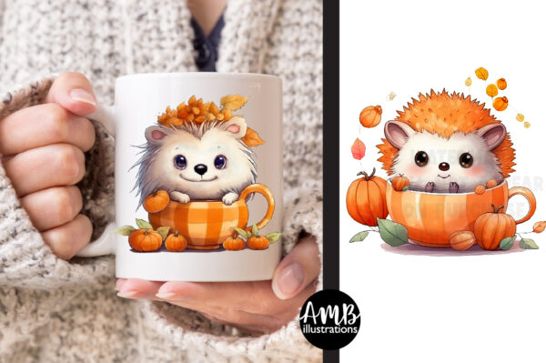 Hedgehogs and Pumpkins Clipart Watercolors