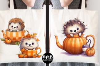 Hedgehogs and Pumpkins Clipart Watercolors
