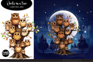 Owls in a Tree Clipart Watercolors